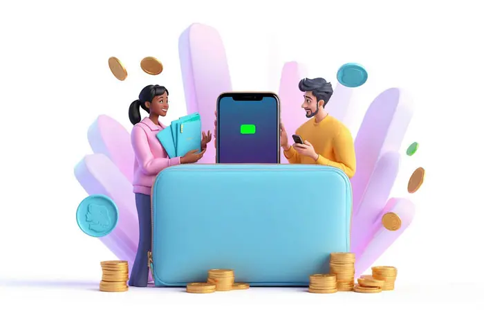 People Using Modern Mobile Money Wallet 3D Illustration